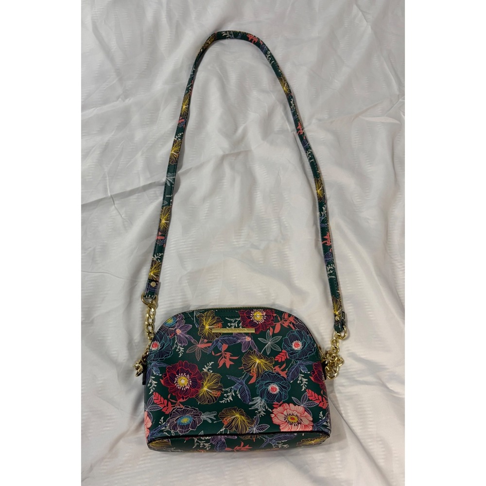 Steve Madden Floral Crossbody Bag Green Dome Purse Gold Chain Strap Tropical - Picture 2 of 7